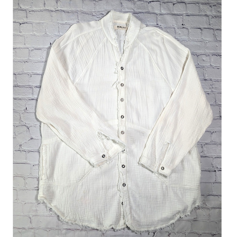 Free People We The Free Gauze Button Down Shirt Womens Medium White Raw Hem Top